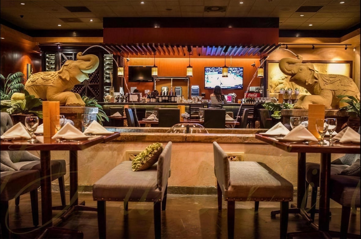 Aiyara Thai Cuisine bar and dining room with elephant statues